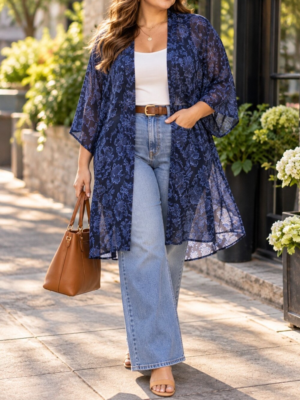 Tahari Navy Blue Floral Sheer Open Front Kimono 3/4 Wide Sleeve Cardigan Casual